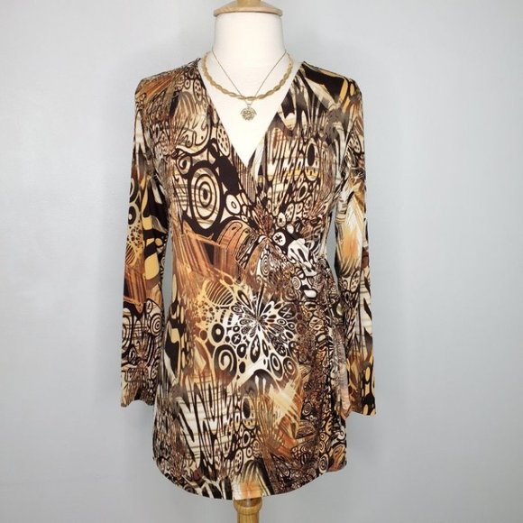 Women With Control Brown Orange Fall Colors Tunic Surplice Faux Wrap Top Size MP - Picture 1 of 15